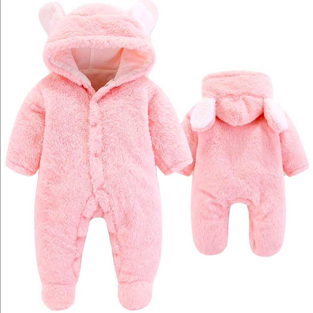 Newborn baby cartoon bear snowsuit warm fleece